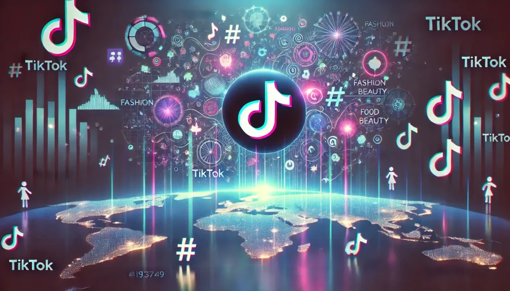 Illustration numérique représentant l'impact mondial de TikTok, avec son logo au centre entouré d'éléments visuels dynamiques comme des hashtags, des icônes de modes, et des graphiques colorés. Une carte du monde illuminée est visible en arrière-plan.