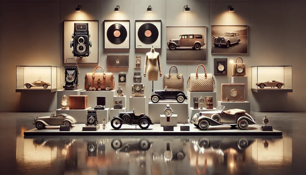 Une vitrine présentant des objets rétro et luxueux : voitures miniatures classiques, appareils photo anciens, sacs à main de créateurs, montres, vinyles et photos vintage exposés dans un agencement artistique sous des lumières chaleureuses