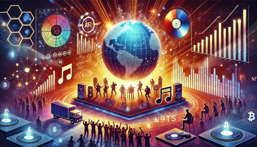 Illustration représentant une scène globale immersive où la musique, la culture et la technologie convergent. On y voit une planète Terre entourée de symboles musicaux, de graphiques financiers et de disques vinyles, le tout baignant dans une atmosphère dynamique et futuriste.