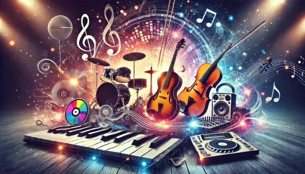Une scène musicale dynamique représentant différents instruments tels qu’une guitare électrique, un piano, un violon et des platines de DJ, entourés de lumières colorées évoquant une diversité de genres musicaux comme le classique, le rock et la musique électronique.
