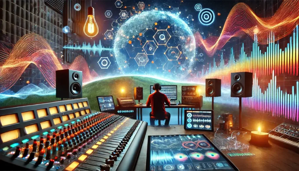 Une image représentant un studio moderne pour la production musicale numérique, avec des écrans affichant des plateformes de streaming, un musicien utilisant une tablette, et des motifs colorés symbolisant les algorithmes et les ondes sonores.
