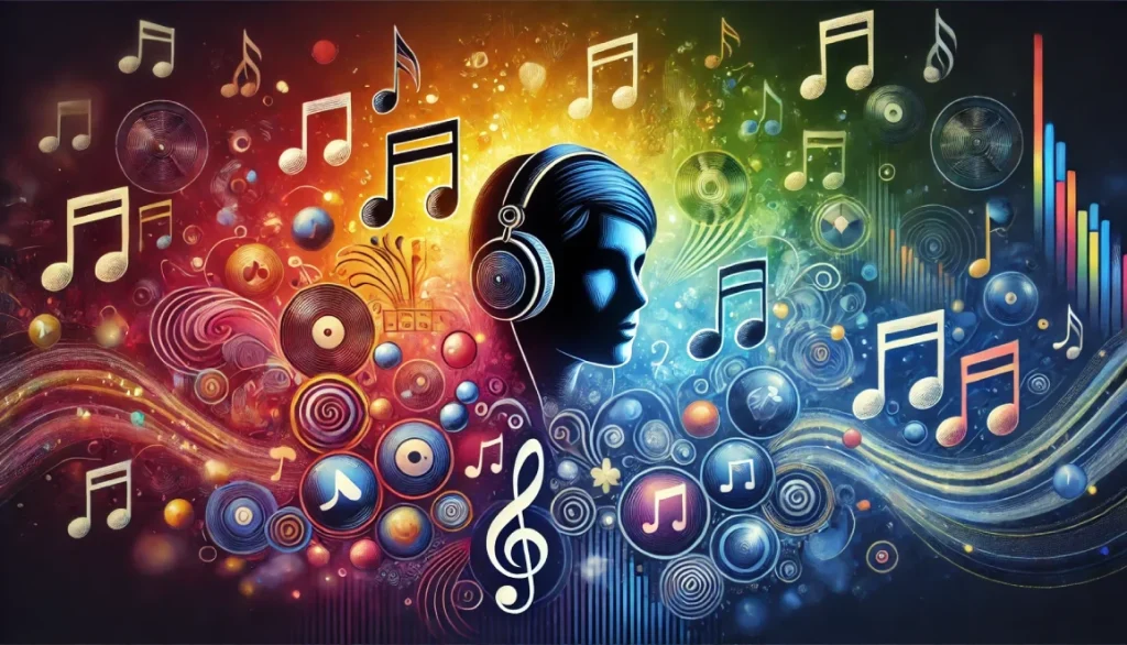 Un passionné de musique portant un casque audio, entouré de notes musicales et d’icônes représentant divers genres comme le rock, le jazz, la musique classique et l’électro, dans un univers coloré et dynamique.