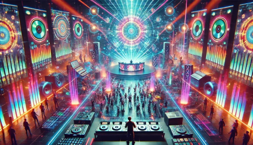 Scène immersive de musique électronique avec un DJ en performance, entouré de lumières colorées et de faisceaux laser, représentant l'énergie et la diversité de la culture électronique moderne.