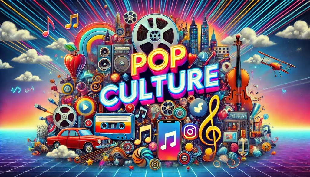 Collage représentant la pop culture avec des éléments iconiques comme des bobines de film, des notes de musique, une manette de jeu vidéo, des personnages de bandes dessinées et un smartphone affichant des applications de réseaux sociaux, sur un fond coloré et dynamique.