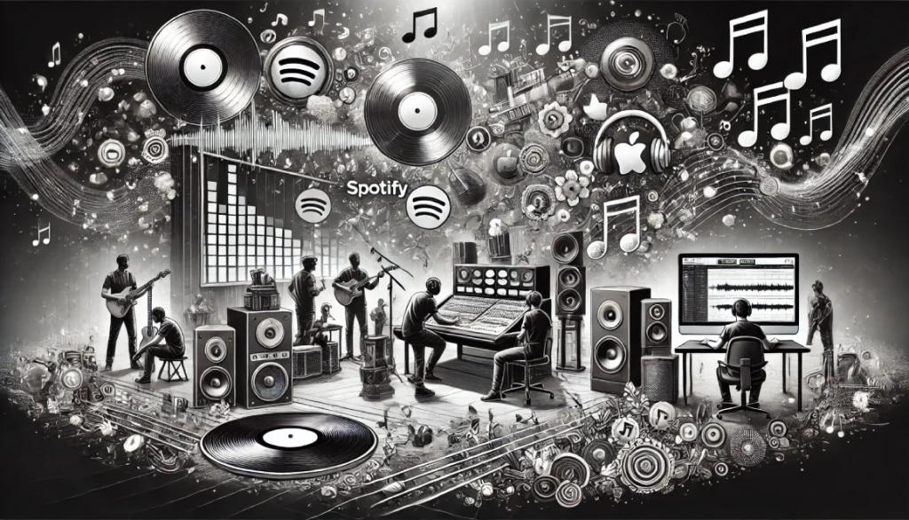 Image en noir et blanc représentant l'industrie musicale : artistes collaborant dans un studio d'enregistrement avec des équipements modernes, des vinyles et des notes de musique flottantes.