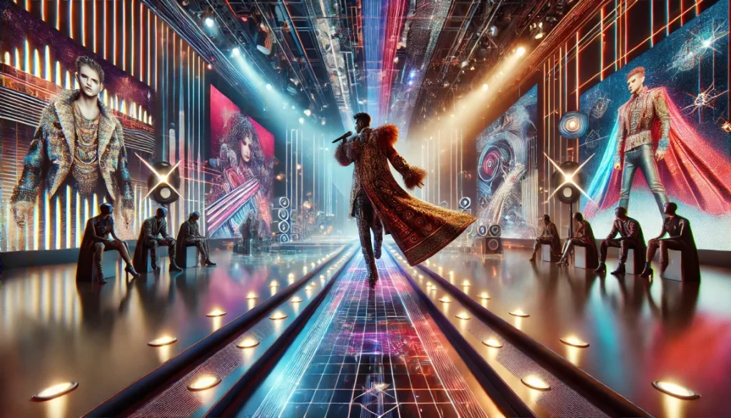 Un musicien stylé habillé d'une tenue avant-gardiste, performe sur une scène futuriste avec une passerelle lumineuse et des visuels holographiques d'accessoires de mode et de pochettes d'albums. La scène est baignée de couleurs néon et d'effets lumineux modernes.