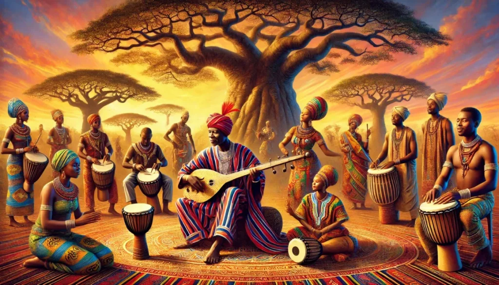 Un groupe de musiciens et danseurs africains réunis autour d'un grand baobab, jouant des instruments traditionnels comme le tambour et le luth.