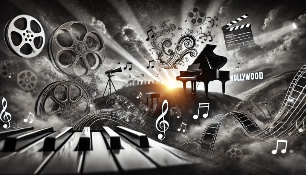 Paysage en noir et blanc combinant un piano entouré de notes musicales tourbillonnantes et une projection de scènes hollywoodiennes, avec un ciel dramatique en arrière-plan.
