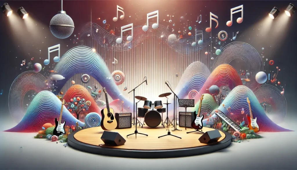 Illustration d'un concept musical avec une scène dynamique, comprenant des instruments comme des guitares, une batterie et un microphone, accompagnés de notes de musique et d'ondes sonores flottant dans un décor lumineux et créatif.