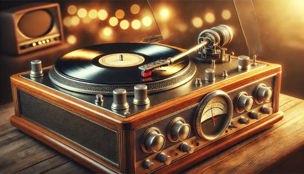 Un tourne-disque vintage des années 60-70, avec une base en bois et un vinyle en train de jouer, dans une ambiance rétro et chaleureuse.