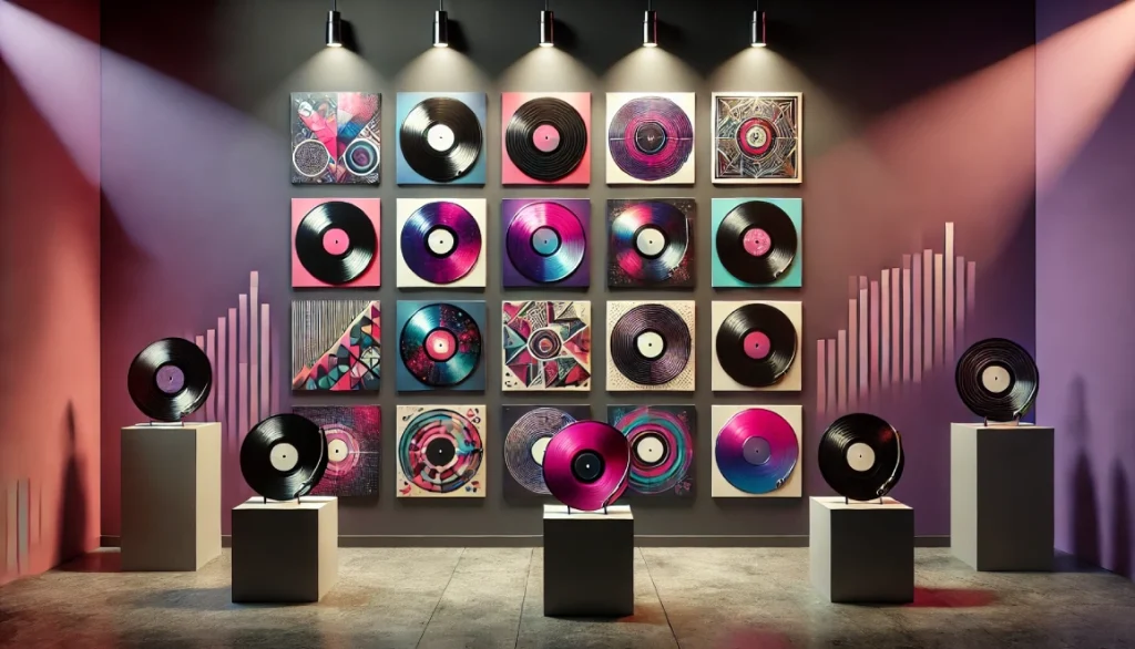 Une exposition artistique mettant en avant des vinyles peints avec des motifs abstraits et des dessins graffiti, suspendus devant un mur dégradé de violet à rose et éclairés par des spots lumineux. Les vinyles brillent sous la lumière, reflétant leurs surfaces lisses et leurs designs créatifs.