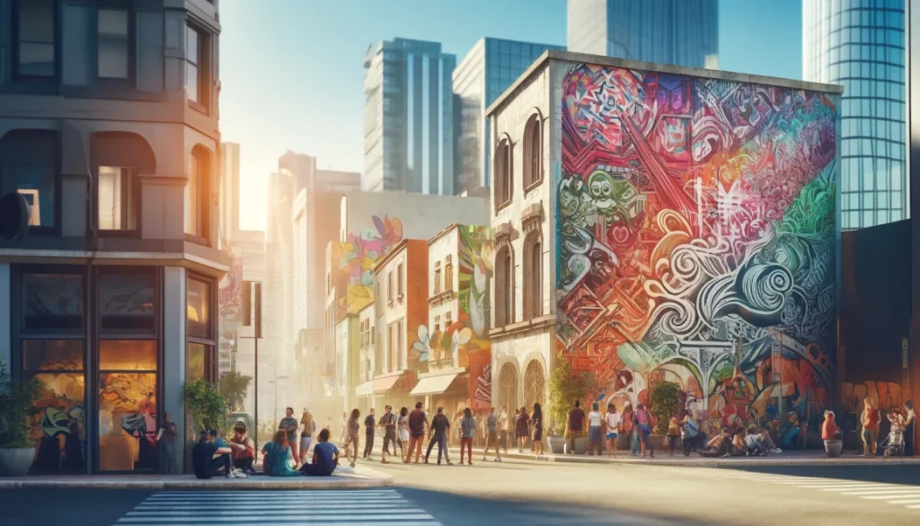 Une rue urbaine colorée ornée d'une fresque murale de graffiti et de street art, avec des passants admirant les œuvres d'art sous une lumière ensoleillée.