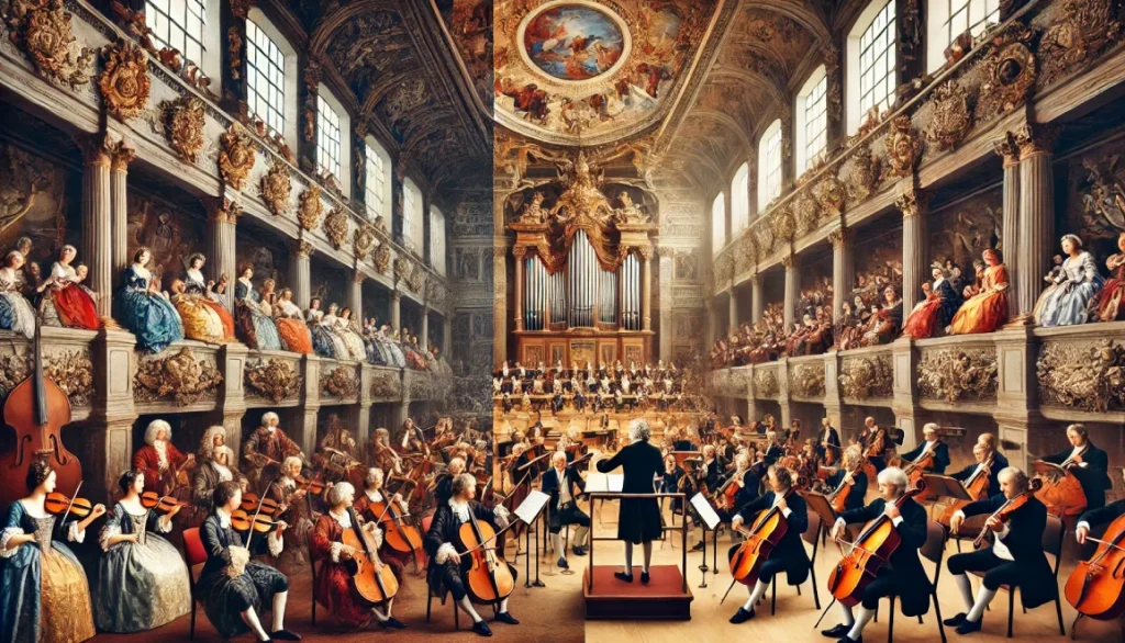 Illustration comparant une scène de concert baroque dans un palais richement décoré avec un orchestre classique jouant dans une salle élégante du XVIIIᵉ siècle.