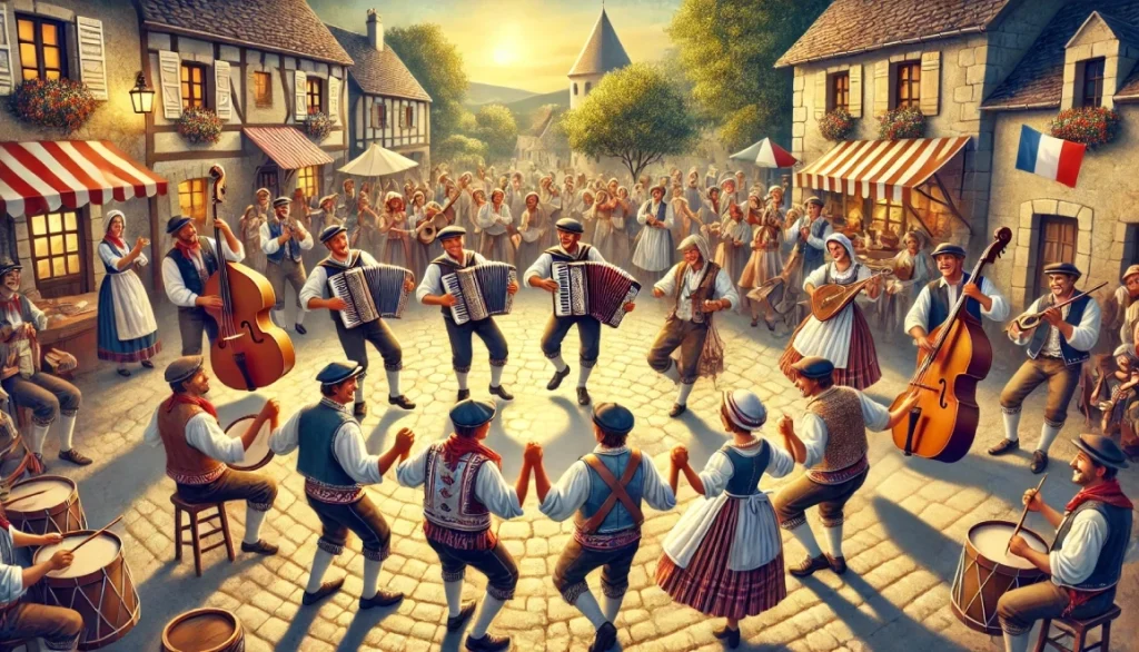 Scène animée d’un festival de musique régionale en France, avec des musiciens jouant de la vielle à roue et de l’accordéon, tandis que des danseurs en tenue traditionnelle exécutent des danses folkloriques dans un village pittoresque.