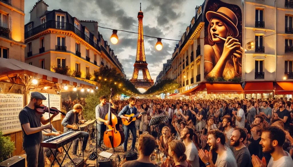Scène animée de la Fête de la Musique à Paris avec des musiciens jouant dans la rue, un public enthousiaste, et la tour Eiffel illuminée en arrière-plan.