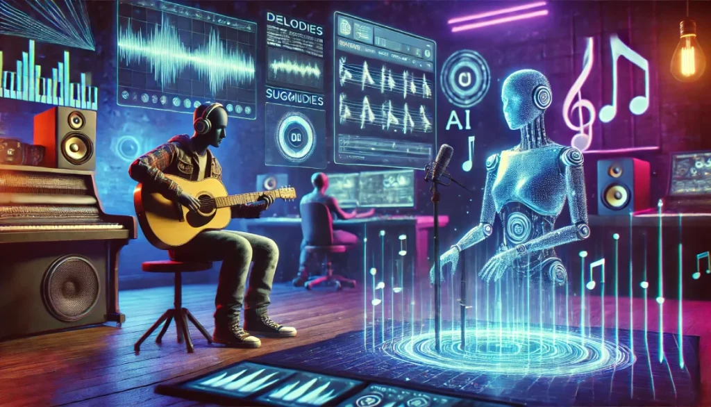 Image d’un musicien jouant de la guitare dans un studio futuriste. À ses côtés, une intelligence artificielle sous forme d’hologramme propose des idées musicales. Les écrans affichent des formes d’onde et des algorithmes, soulignant la collaboration entre l’homme et la technologie.