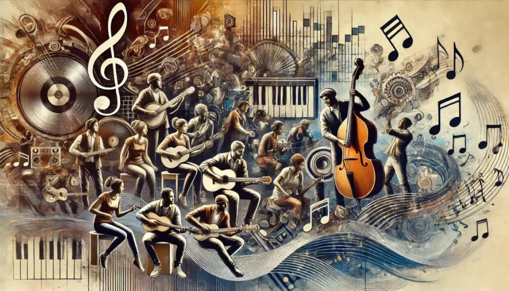 Une scène artistique montrant des musiciens et danseurs de diverses cultures, jouant de la guitare, du violon et des platines DJ, avec des notes de musique et des ondes sonores flottant dans l'air. L’arrière-plan mêle éléments urbains et traditionnels avec une palette de couleurs sobres.