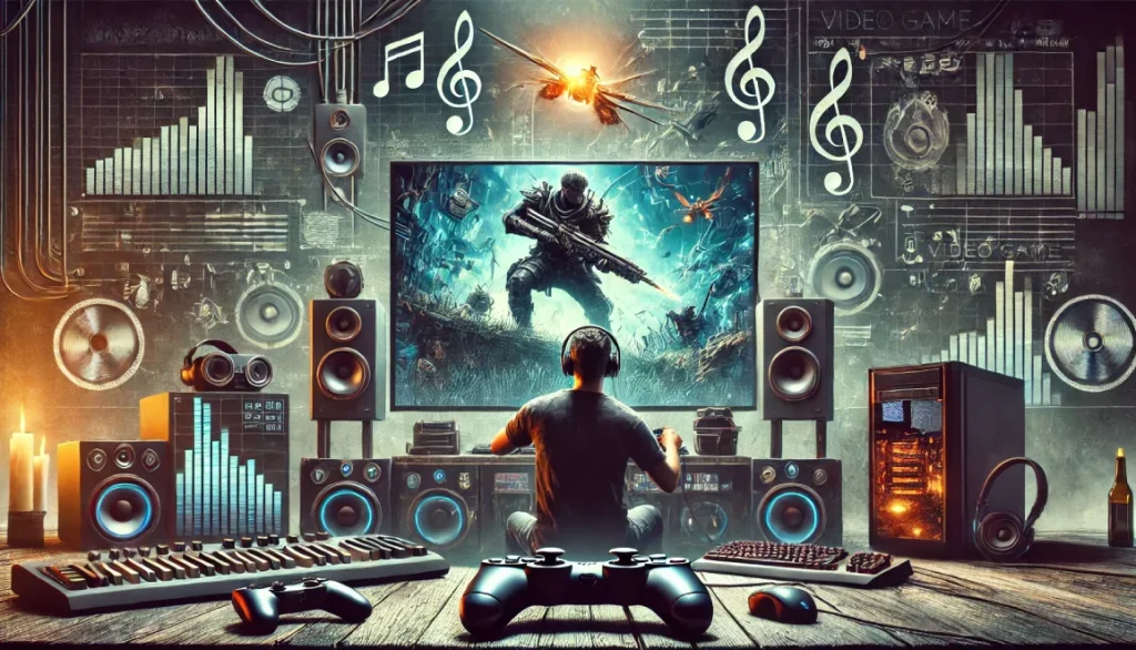 Illustration d’un joueur plongé dans un jeu vidéo, entouré d’un setup gaming avec un grand écran affichant une scène d’action. Des éléments musicaux subtils, comme des ondes sonores et des notes de musique, symbolisent la connexion entre la musique et l’expérience vidéoludique. L’ambiance est sombre et immersive, avec un design futuriste.