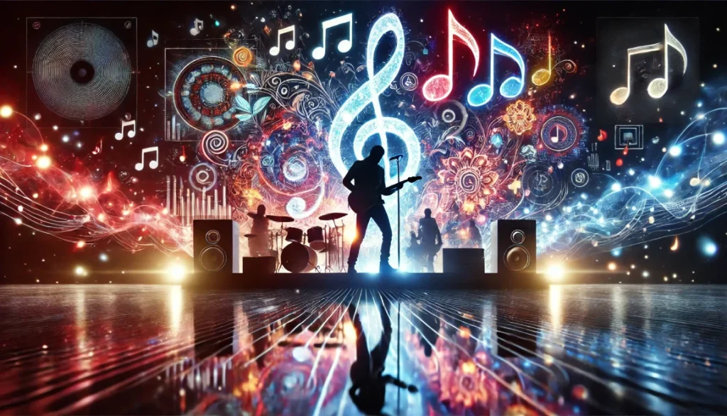 Illustration d’un musicien sur scène, illuminé par des lumières colorées, avec en arrière-plan des références aux clips musicaux, pochettes d’albums et réseaux sociaux.