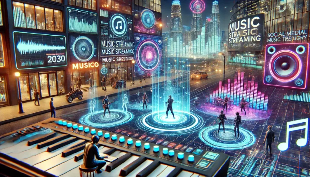 Image futuriste représentant l'industrie musicale en 2030, avec un studio high-tech équipé d’outils de production basés sur l’intelligence artificielle, des artistes numériques en concert virtuel et une ville illuminée par des écrans géants promouvant les plateformes de streaming.