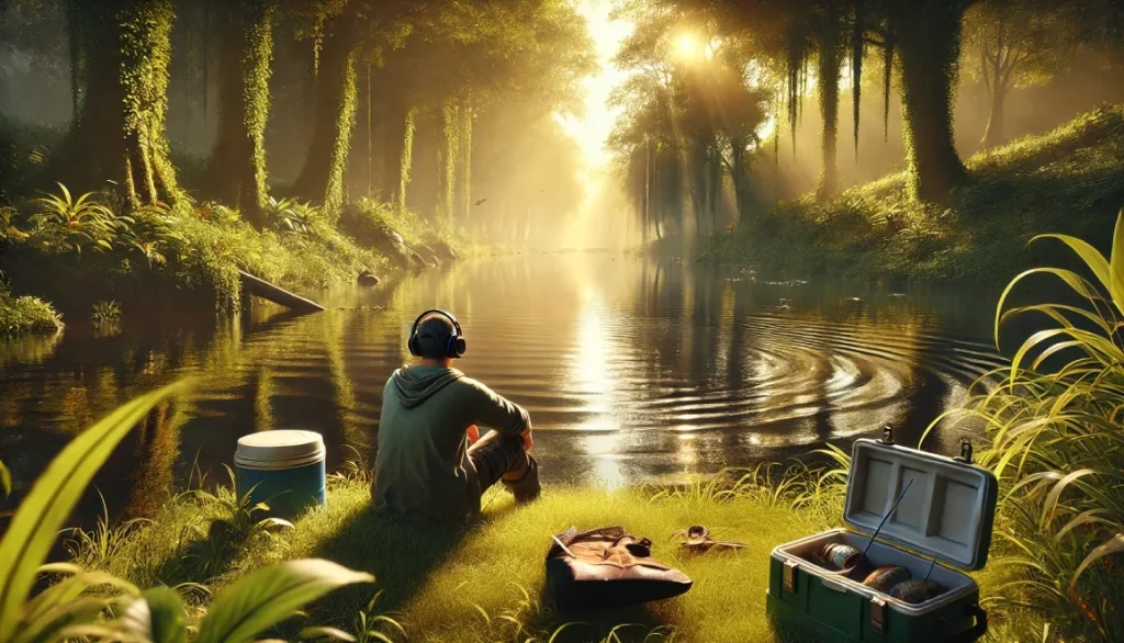 Personne assise au bord d’une rivière, portant un casque audio et profitant de la musique dans un cadre naturel paisible. L’eau claire reflète la lumière du soleil, entourée de verdure luxuriante.