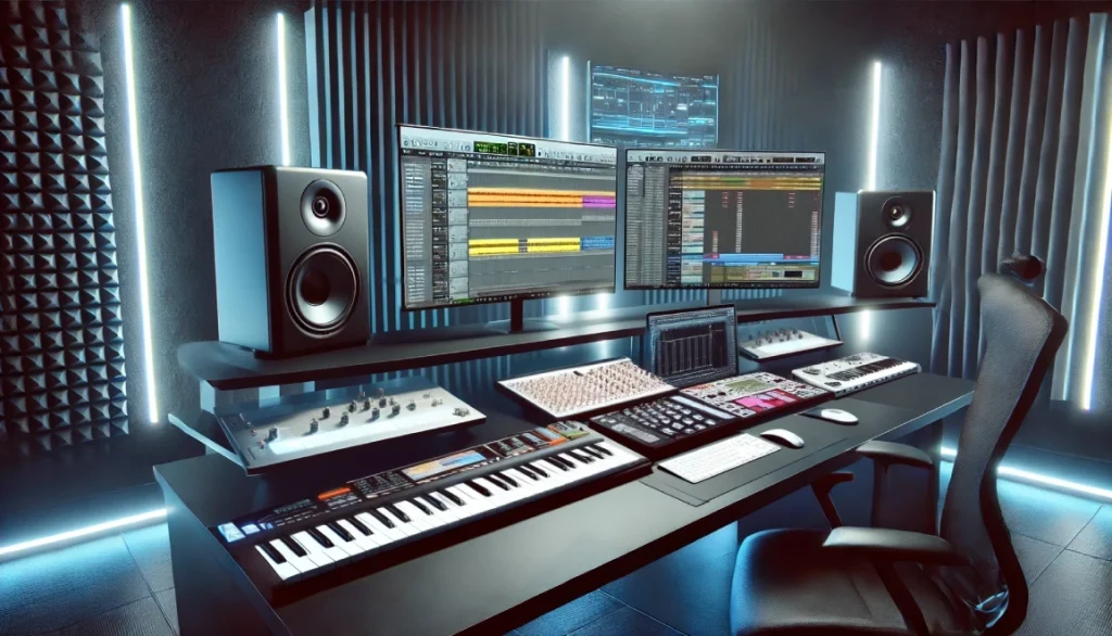 Studio de musique électronique moderne avec plusieurs écrans affichant un DAW, un clavier MIDI lumineux, des synthétiseurs, une table de mixage et des enceintes de monitoring, le tout éclairé par des lumières LED immersives.