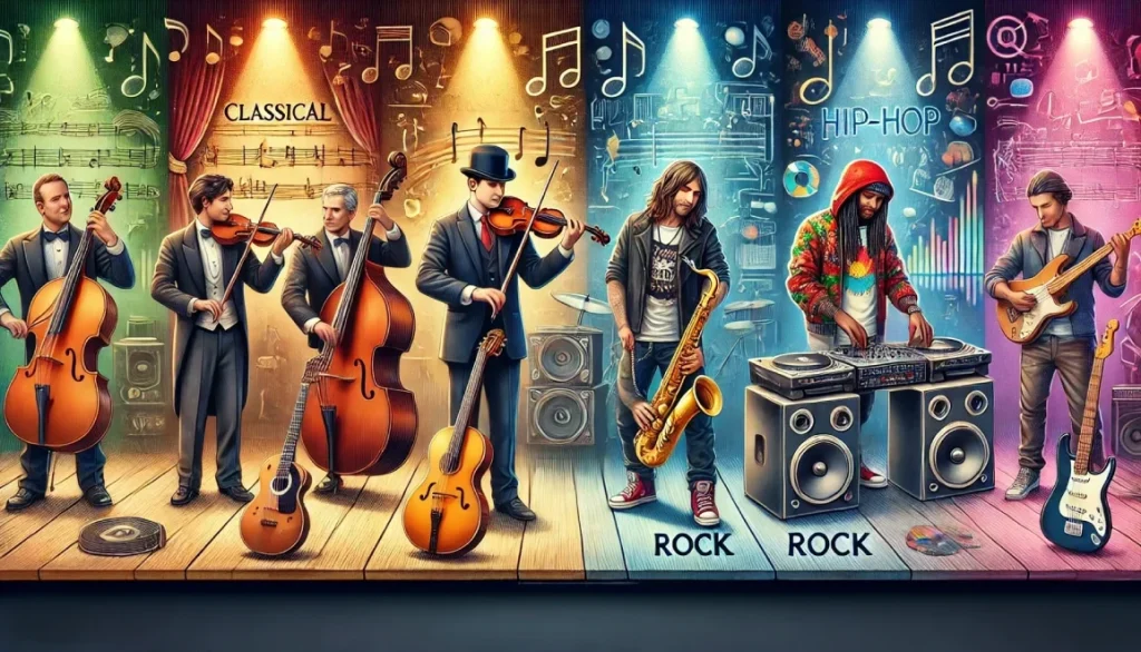 Illustration de quatre styles de musique avec un violoniste classique, un saxophoniste de jazz, un guitariste rock et un DJ hip-hop, chacun dans un décor représentatif de son genre.