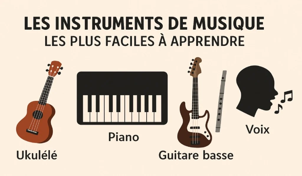 Illustration de cinq instruments de musique faciles à apprendre : un ukulélé, un piano, une guitare basse, une flûte irlandaise (tin whistle) et une silhouette de chanteur, sur un fond beige texturé avec un titre en français.
