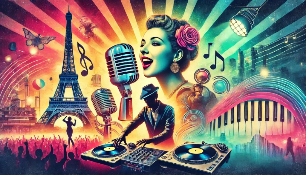 Illustration représentant la diversité de la musique française avec une chanteuse classique, un DJ moderne, un chanteur pop et la tour Eiffel en arrière-plan.