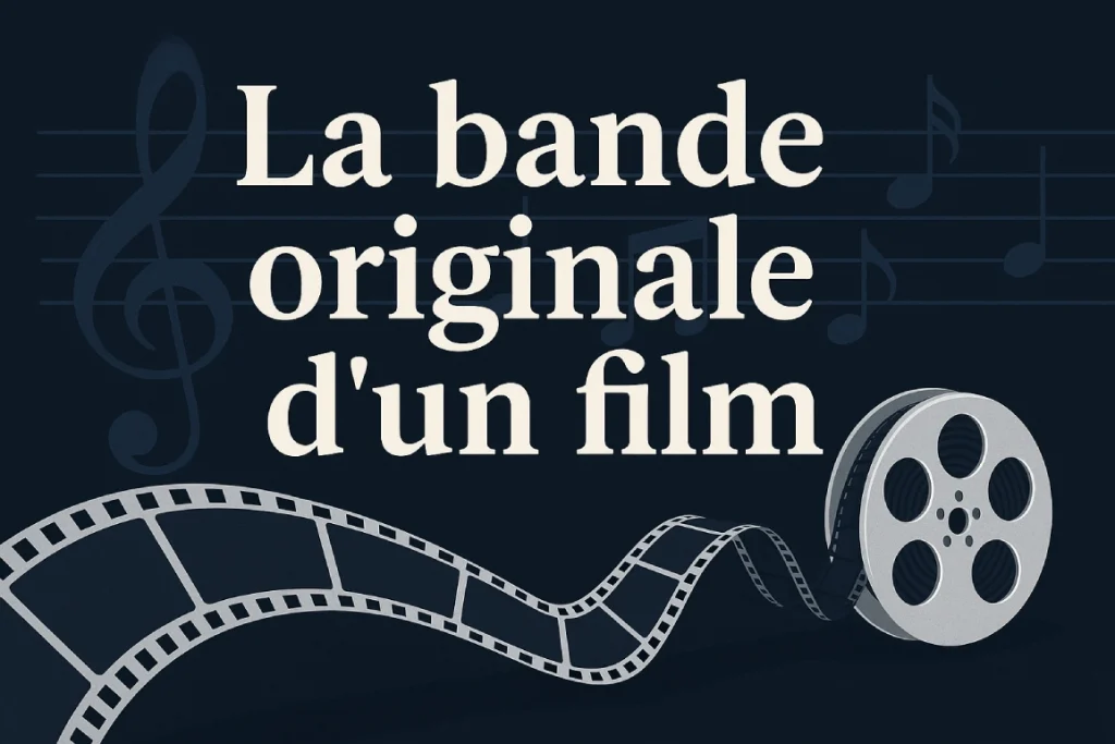 Illustration d'une bobine de film et de notes de musique représentant l'importance de la bande originale dans le cinéma.