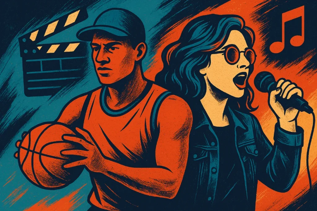 Illustration numérique colorée représentant un basketteur et une chanteuse dans un style artistique dynamique, évoquant l’alliance entre sport et pop culture.