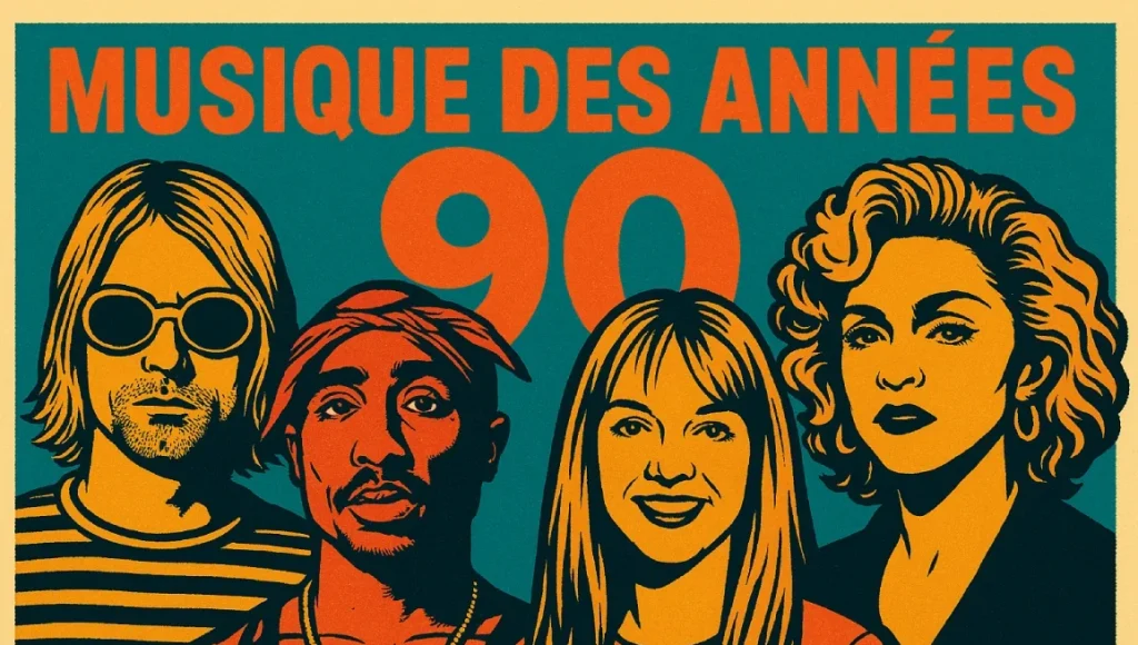Illustration stylisée en format paysage représentant quatre figures emblématiques de la musique des années 1990 : Kurt Cobain, Tupac Shakur, Britney Spears et Madonna, sur un fond rétro coloré et texturé.