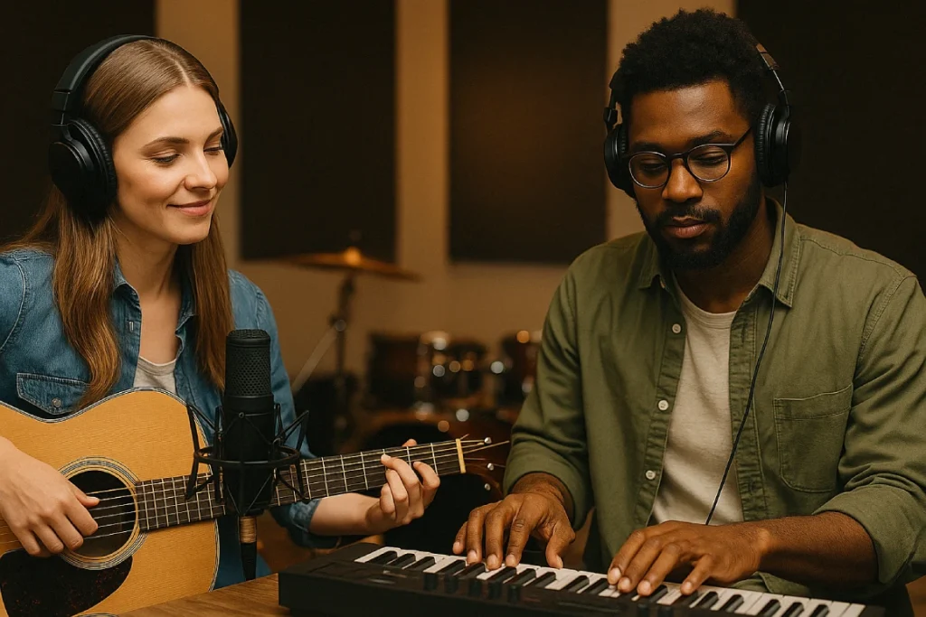 Deux musiciens en studio enregistrant un morceau ensemble, l’un jouant de la guitare et l’autre sur un clavier MIDI.