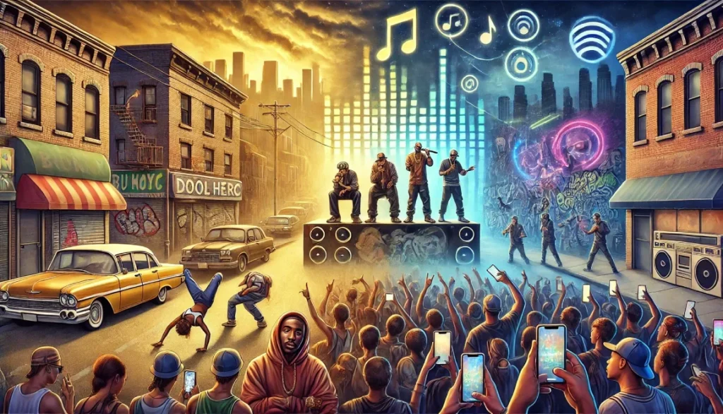 Illustration en format panoramique montrant l’évolution du rap américain : à gauche, une scène de rue du Bronx dans les années 1970 avec DJ Kool Herc ; au centre, des figures iconiques des années 1990 comme Tupac et Biggie ; à droite, un concert moderne avec Kendrick Lamar, néons, smartphones et symboles du streaming.