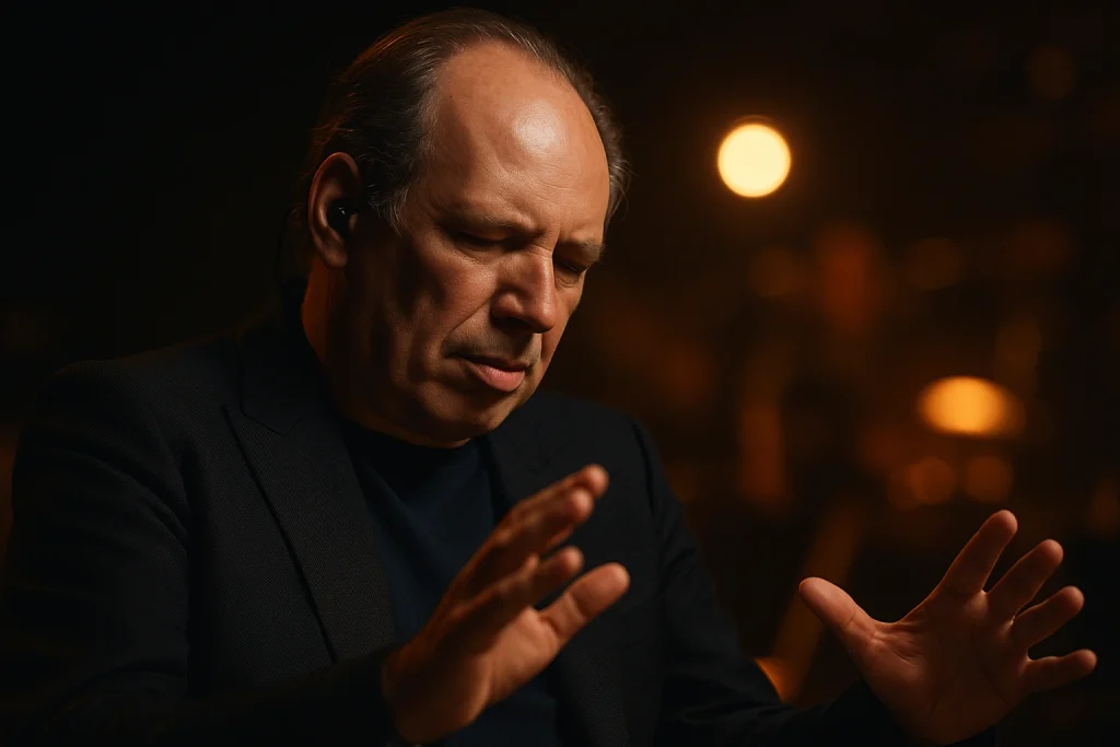 Portrait de Hans Zimmer dirigeant une performance musicale avec émotion sur scène, éclairé par des lumières chaudes.