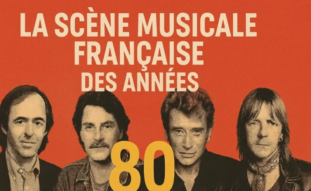 Montage vintage en format paysage avec quatre portraits en noir et blanc de chanteurs français célèbres des années 80, accompagnés d’un titre rétro aux couleurs rouge-orange et jaune vif.