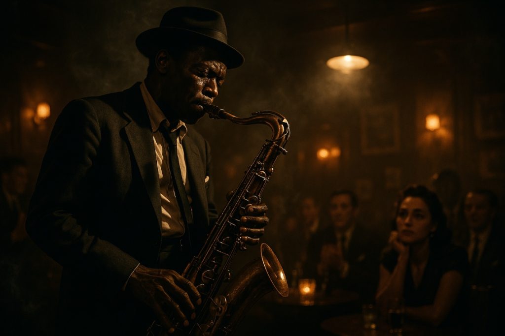 Un musicien de jazz noir jouant du saxophone sur une scène intimiste, éclairé par un unique projecteur dans un club des années 1950 à l’ambiance enfumée.