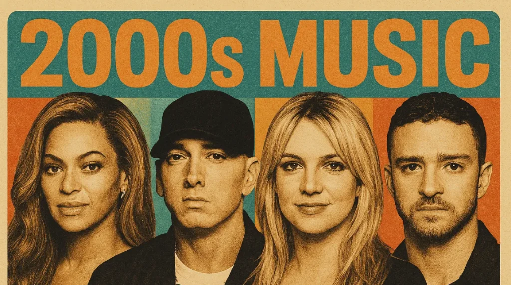 Affiche de style vintage représentant quatre artistes iconiques des années 2000 — Beyoncé, Eminem, Britney Spears et Justin Timberlake — sur un fond multicolore texturé avec l’inscription « 2000s MUSIC » au centre.