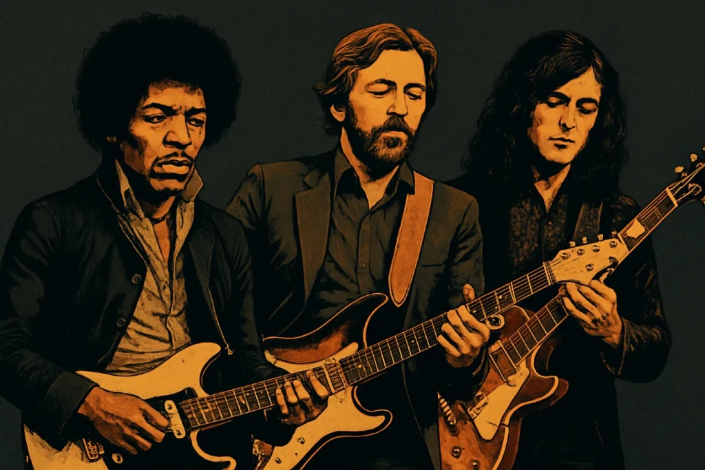 Illustration de Jimi Hendrix, Eric Clapton et Jimmy Page jouant de la guitare, représentés côte à côte dans un style vintage sur fond sombre.
