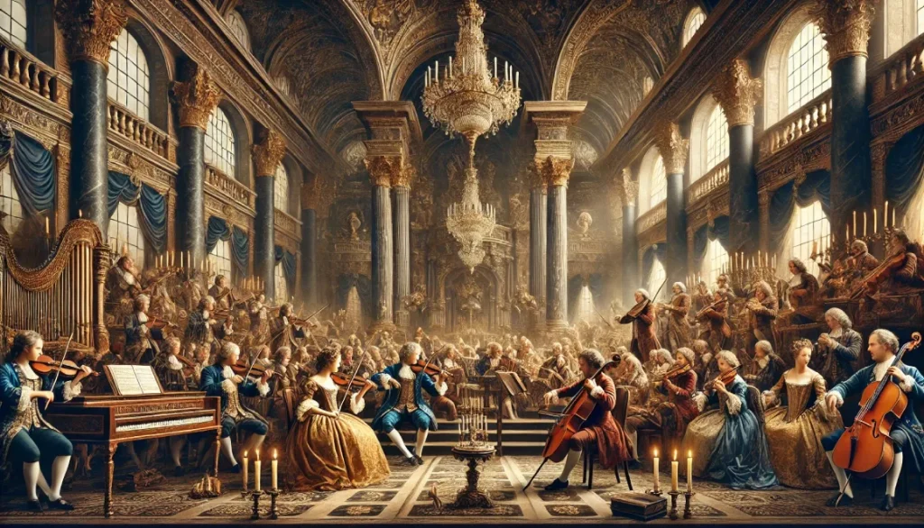 Orchestre baroque jouant des instruments anciens dans une salle richement décorée avec colonnes, lustres et rideaux de velours