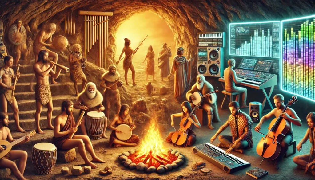 Illustration panoramique représentant l’évolution des instruments de musique, des flûtes en os de la préhistoire aux synthétiseurs numériques d’aujourd’hui, avec des musiciens réalistes et contemporains.
