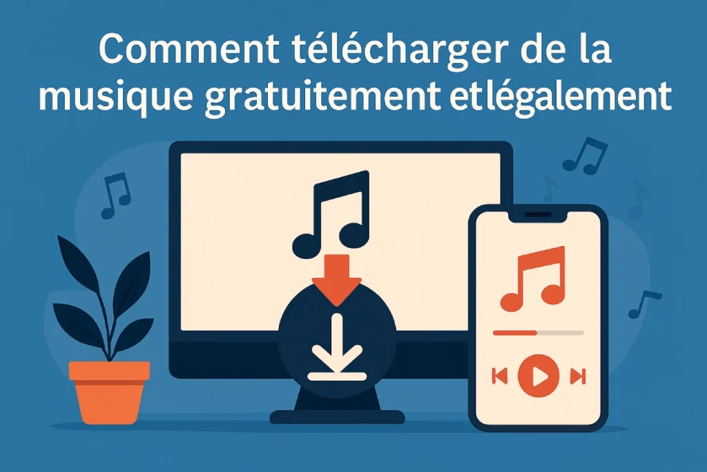 Image d’un écran d’ordinateur et d’un smartphone montrant des icônes musicales, illustrant le téléchargement gratuit et légal de musique.