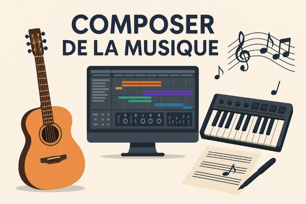 Illustration d'une guitare, d'un écran d'ordinateur affichant un logiciel de composition musicale, d'un clavier MIDI, de notes de musique et d'une feuille de partition.