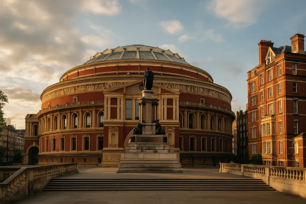 Vue en contre-plongée du Royal Albert Hall à Londres, illuminé par la lumière dorée du soleil couchant, avec la statue du Prince Albert au premier plan