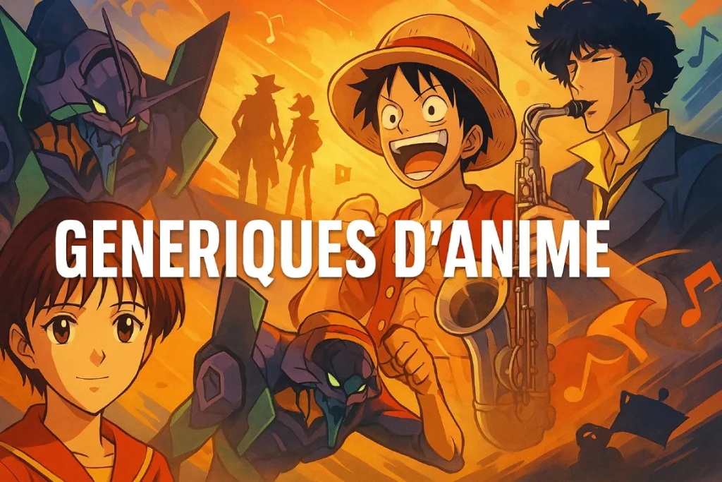 Illustration colorée de personnages d’anime célèbres comme Luffy, Spike Spiegel et des mechas, accompagnés de la mention "GENERIQUES D'ANIME" au centre.