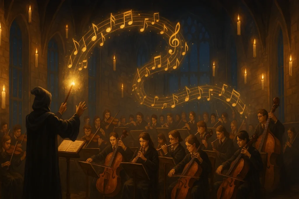 Orchestre de sorciers jouant dans la Grande Salle de Poudlard sous un ciel étoilé, guidé par un chef d’orchestre avec une baguette magique et des notes lumineuses flottantes.