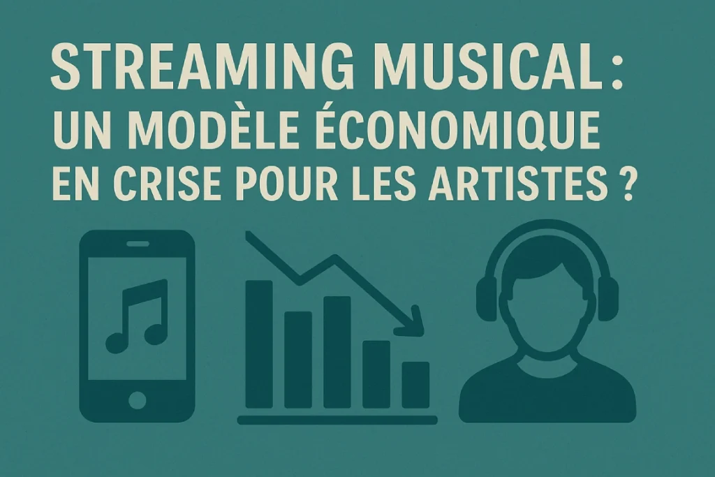 Graphique en format paysage avec un fond vert-bleu, illustrant le titre "Streaming musical : un modèle économique en crise pour les artistes ?" accompagné d’icônes représentant un smartphone avec une note de musique, un graphique en chute et une personne portant un casque audio.